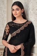 Black Embroidered and Sequins Border Saree in Georgette Satin