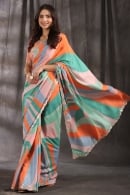 Peach and Multi Colored Printed Saree in Muslin with Applique On Border