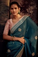 Rama Blue Tissue Silk Saree with Embroidered Butta and Lace