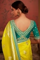 Lime Green Woven Saree in Silk with Contrast Lace