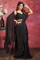 Black Embellished Pre Stitched Ruffled Saree in Chiffon Georgette with Cutdana and Sequins Work Blouse