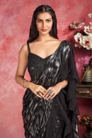 Black Embellished Sequinned Pre Stitched Lehenga Saree in Georgette with Ruffle Border