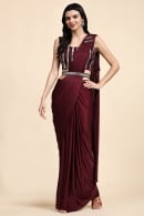 Wine Purple Imported Pre Stitched Fancy Saree with Patch Work