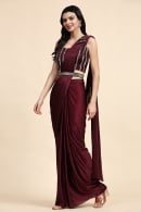 Wine Purple Imported Pre Stitched Fancy Saree with Patch Work