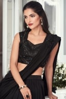 Black Lehenga Saree in Lycra with 3D Flower Patch Work