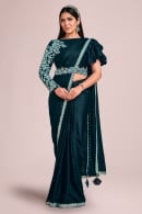 Dark Teal Green Pre Stitched Saree in Crepe Satin Silk with Embroidery Lace