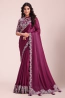 Magenta Crepe Silk Sequin and Beaded Floral Border Saree