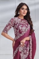 Magenta Crepe Silk Sequin and Beaded Floral Border Saree