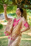 Cream Woven Jaal Saree in Banarasi Silk with Contrast Embroidery Work Border