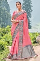 Coral Pink Art Silk Weave Saree with Embroidery Border