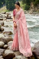 Peach Silk Embroidered Border Saree with Sequins and Bead Work