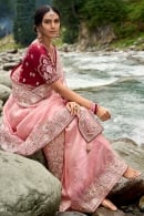 Peach Silk Embroidered Border Saree with Sequins and Bead Work