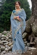 Light Blue Dori Embroidery and Sequins Work Saree in Organza