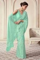 Turquoise Blue Georgette Sequin and Thread Embroidered Saree