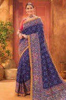 Blue Traditional Kachchi Worked Saree with Bird and Animal Motifs on Border