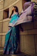 Rama Blue Brasso Satin Woven Saree with Floral Motifs