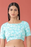 Sky Blue Cotton Silk Floral Printed Readymade Blouse