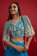 Blue Raw Silk Crop Top with Palazzo and Short Jacket