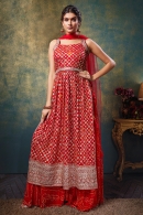 Red Georgette Bandhej Straight Cut Suit