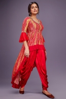 Red and Mustard High and Low Printed Dhoti Suit in Chinon Georgette