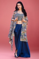 Blue Draped Skirt and Crop top Set with Multi Colored Sequinned Jacket