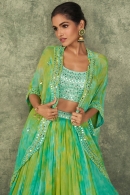 Mint Green Silk Embroidery Mirror Crop Top with Tie Dye Skirt and Cape