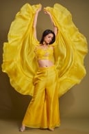 Yellow Floral Embroidered Crop Top Palazzo Set in Organza with Cape