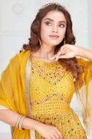 Yellow Printed Palazzo Suit in Chinon Georgette with Mirror Work Bodice