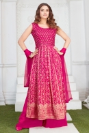 Rani Pink Bandhej Palazzo Suit in Georgette with Woven and Mirror Work