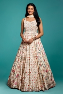 Cream Floor Length Anarkali Suit in Chinon with Multi Colored Floral Motifs