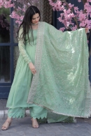 Pista Green Anarkali Palazzo Suit with Sequinned Dupatta in Taffeta Silk
