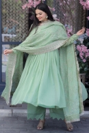 Pista Green Anarkali Palazzo Suit with Sequinned Dupatta in Taffeta Silk