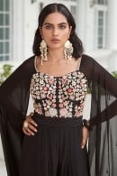 Black Floral Embroidered Bodice Jumpsuit in Georgette with Cape Sleeves