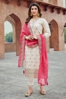 Off White Floral Jaal Woven Suit in Chinon Silk with Embroidery