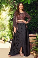Black Embroidered Crop Top and Dreped Dhoti Set in Chinon with Jacket