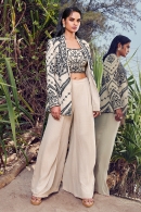 Cream Contrast Embroidery Work Crop Top Palazzo with Jacket in Georgette