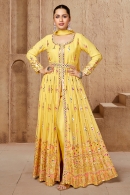 Yellow Georgette Slit Cut Mirror Embrodiered Worked Suit