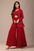 Red Crop Top Palazzo Suit with Embroidered Jacket in Georgette