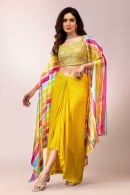 Yellow Chiffon Georgette Embroidered Crop Top and Georgette Draped Dhoti with Cowl Jacket