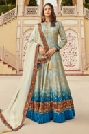Blue Ombre Bandhej Anarkali Suit in Jacquard with Pleated Border