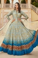 Blue Ombre Bandhej Anarkali Suit in Jacquard with Pleated Border