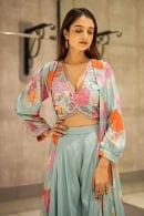 Light Blue Cutdana Work V Neckline Crop Top Palazzo Set in Satin with Printed Long Shrug
