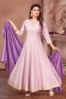 Light Purple Checks Sequin Work Anarkali Suit in Silk