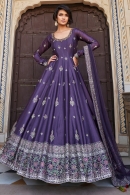 Purple Silk Printed Anarkali Suit with Swarovski Work