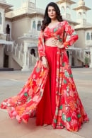 Red Crepe Silk Crop Top Palazzo Jacket Set with Beads and Cutdana Work