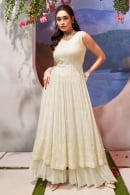 Off White Georgette Straight Cut Palazzo Suit with Sequin Lucknowi Work