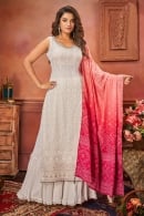Off White Georgette Sequin Lucknowi Worked Straight Cut Palazzo Suit