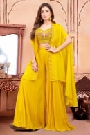 Yellow Georgette Sequin Cutdana Work Crop Top Palazzo with Cowl Jacket