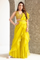Yellow Chinon Mirror Embroidery Crop Top Palazzo Set with Attached Ruffle Dupatta