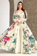 Off White Georgette Cutdana Worked Crop Top Palazzo with Long Floral Printed Shrug